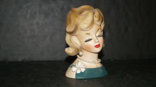 Vintage Elegant Lady Head Vase W Teal Dress & Pearl Earrings - Enesco