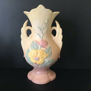 Vintage Hull Yellow Mauve Magnolia Double Handle Vase 17 Swan Handles