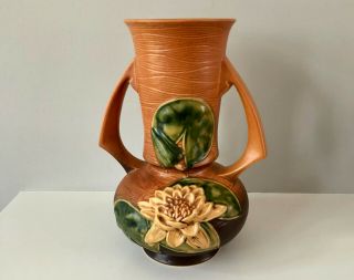 Art Deco Roseville Pottery Tall Vase,  Shape 81 - 12,  Brown Water Lily Sweet