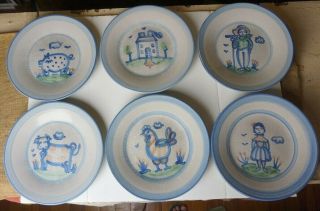 M.  A.  Hadley Pottery Country Scene Blue 6 Dinner Plates,  9 1/8 "