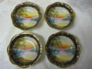 Set Of 4 Noritake Nippon Hand Painted Scenic Scalloped Bowls W/ Beaded Moriage