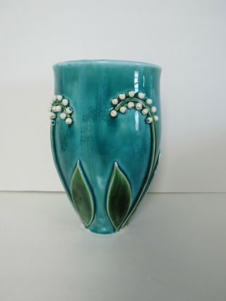 Handpainted Handbuilt Pottery Vase White Flowers Green Leaves Blue Handmade Vase