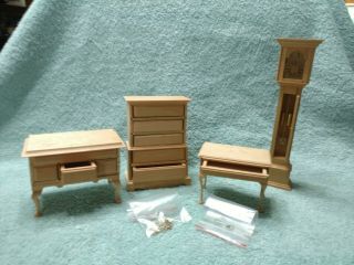 4 Doll House Bare Wood Furniture Unfinished Grandfather Clock Dresser Tables