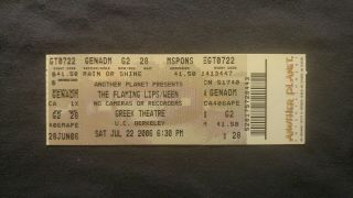 Flaming Lips W/ween Concert Ticket Stub 7/22/2006 Berkeley,  Ca