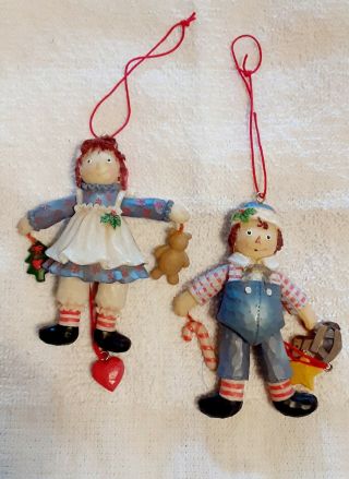 Raggedy Ann & Andy Pull String Vintage Christmas Ornaments Folk Art