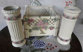 Weller Roma Console Bowl With 2 Matching Vases Rose Trellis