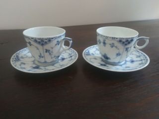 2 Royal Copenhagen Blue Fluted Half Lace Cups/saucers