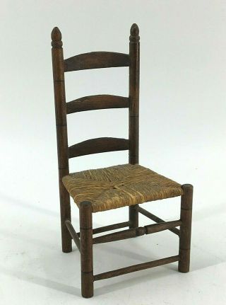 Vintage Miniature Dollhouse Ladder Back Chair Woven Wicker Caned Seat Artisan