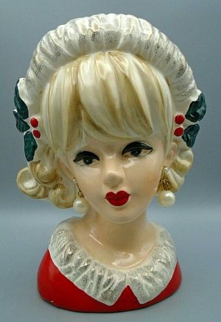Vintage Blonde Lady Head Vase Faux Pearl Earrings Christmas Holly Berries Hat