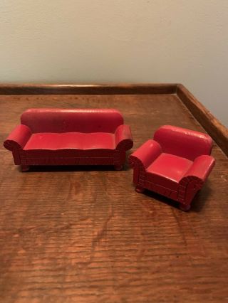 Vintage Wooden Dollhouse Furniture.  Living Room Red Sofa And Chair