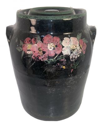 Robinson Ransbottom Pottery Canister Cookie Jar Black Hand Painted Flowers