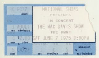Rare Mac Davis 6/7/75 Atlanta Ga The Omni Ticket Stub