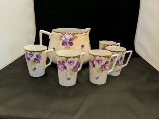 6 Piece Hand Painted Nippon Lemonade Set Purple Pansies Flowers Gold Trim
