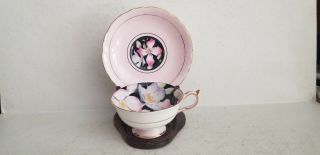 Vintage Paragon Light Blue & Pink Flowers Black & Pink Tea Cup And Saucer Set
