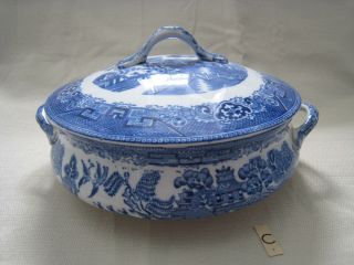 Ye Olde Willow Blue Round Covered Dish Bowl Bakewell Bro Tiny Inner Lid Rim Chip