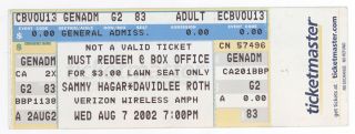 Rare Sammy Hagar & David Lee Roth 8/7/02 Atlanta Ga Concert Ticket Van Halen