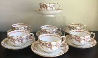 Set 7 Antique Copeland Tea Cups & Saucers Hand Painted Pink Roses & Gold Garland