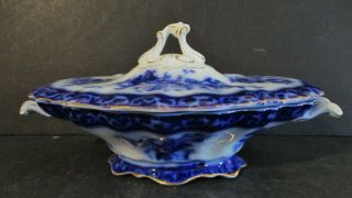 Antique Flow Blue Touraine Lid Serving/ Vegetable Bowls Pottery England Pottery