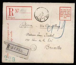(t0275) Chile - 1907 Registered 20c Prestamped Cover To Belgium