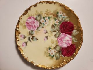 Antique Limoges France Hand Painted Plate Pink & Red Roses Gold Trim