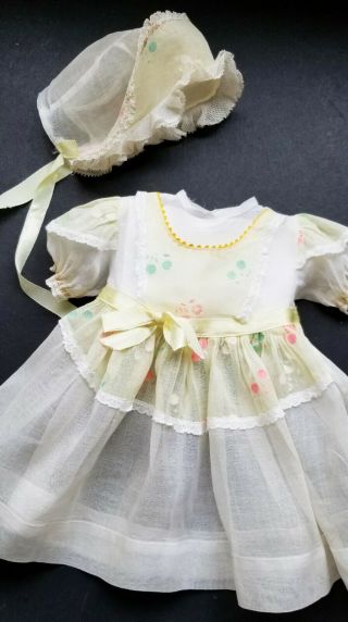 Vintage Pale Yellow & White Organdy Baby Doll Dress & Bonnet Fits 20 24 " Doll