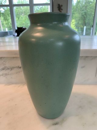 Old Arts & Crafts Zanesville Ohio Stoneware Pottery Matte Green Oil Jar Vase 37
