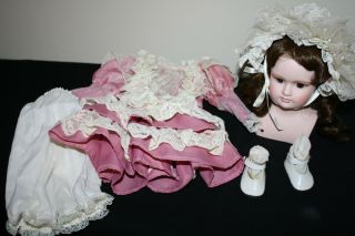 Vintage Dollspart Doll Wig Light Brown Head Dress Shoes Socks Bonnet Pantaloons