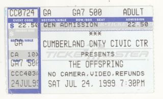 Rare The Offspring 7/24/99 Portland Me Cumberland Cty Civic Center Ticket Stub