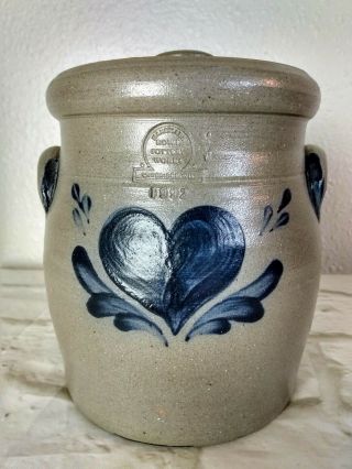 6” Rowe Pottery Blue Heart Crock W/ Lid Salt Glazed Stoneware Jar 1992