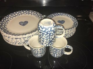 Vintage Folk Craft Hearts By Tienshan 19 Piece Set.  Plates & Mugs