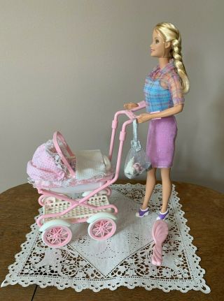 Mattel Walking Barbie & Baby Sister Krissy Dolls With Sounds And Stroller C.  1999