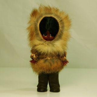 Hard Plastic Googly Eye Eskimo Doll W/ Real Fur & Leather Boots 6 1/2 " Tall