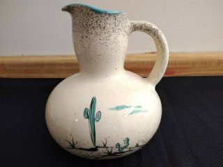 Mcm Loma Of Arizona Pottery Pitcher With Hand Painted Cactus And Scenery