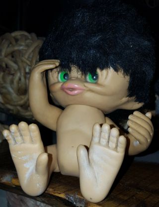 Naked Monkey Boy From Belgium.  8 " Unica Troll Doll,  Bristly Black Hair,  Green.