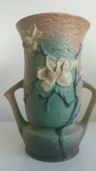 Vintage Roseville 10 " Tall Brown Magnolia 2 Handled Vase Art Pottery 95 - 10 Euc
