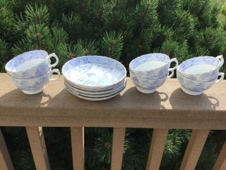 Blue Willow Cup And Saucers Set Service For (6) Unusual Pale Blue Color And Mark