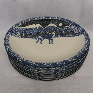 Tienshan Folk Craft Wolf Dinner Plates 7 China Blue Black Sponge Mountains