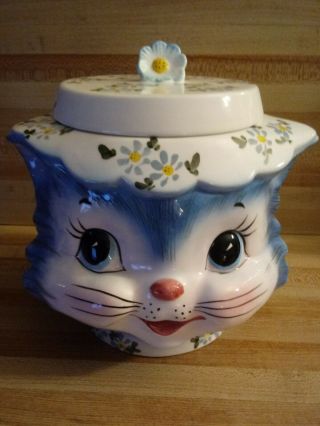 Lefton China - 1964 - 1973 - Miss Priss - Blue Cat With Floral Hat - 7 " Cookie Jar