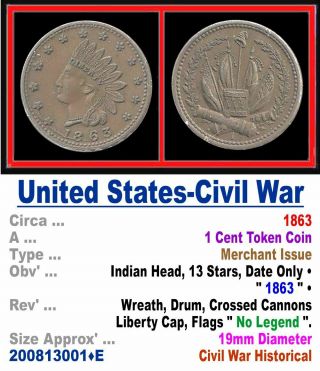 Bronze Token • U.  S.  Civil War Period • Indian Head • 1863 • 200813001•e