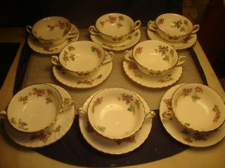 8 Minton China Double Handle Cream Soup Bowl With Underplate Vermont Pattern