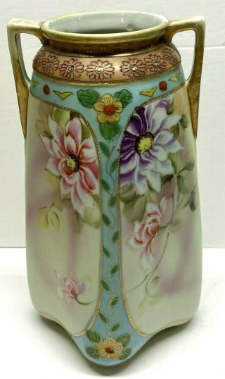 Imperial Nippon Hand Painted Antique Moirage Square Floral Vase 2 Handles Lovely