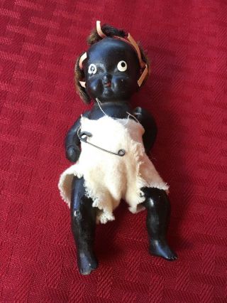 Antique Black Americana Japan Bisque Jointed Porcelain 4 " Baby Girl Doll W/ Hair
