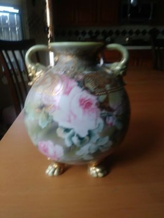 Antique - Nippon - Moriage - Hand - Painted - Pillow - Vase - Gold - Claw - Feet