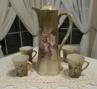 Vintage Antique Hand Painted Nippon Chocolate Tea Pot With 4 Cups