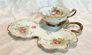 Lovely Coronet Limoges Snack Set Cup Clover - Shaped Tray Pink Roses Violets