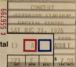 Jefferson Starship 1976 Concert Ticket Stub