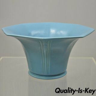 Vintage Art Deco Blue Ceramic Pottery Fluted Vase Planter Octagonal Attr.  Hull