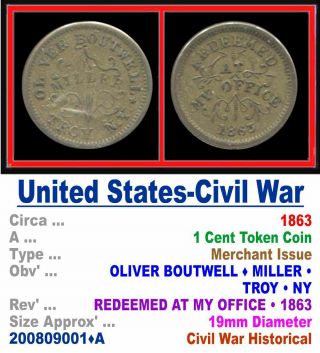 Bronze Token • U.  S.  Civil War Period • Oliver Boutwell,  Miller • 1863 • 200809a