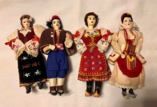 4 Slavic International Dolls - 3 Women And 1 Man In Ethnic Costumes
