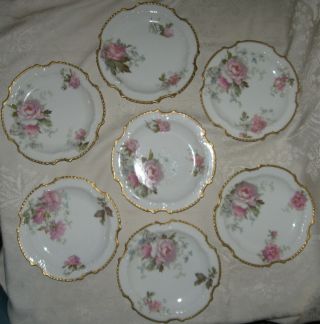7 Vintage L.  R.  L.  Limoges Dessert Plates With Pink Roses Gold Trim Scalloped Edge
